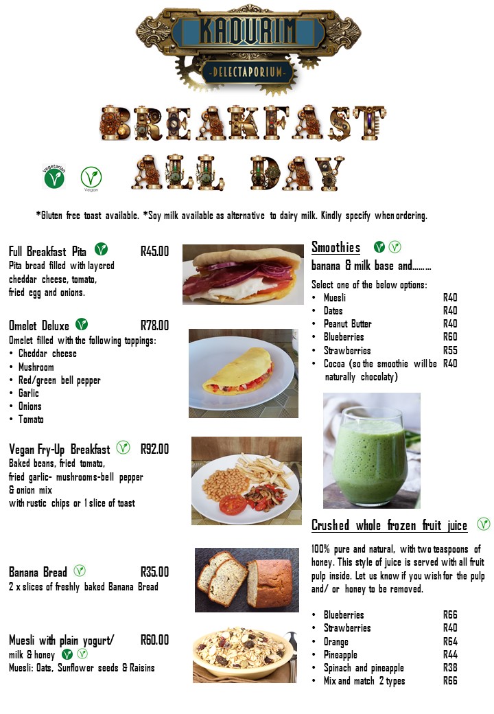 Menu breakfast pita omelette vegan banana bread smoothies muesli