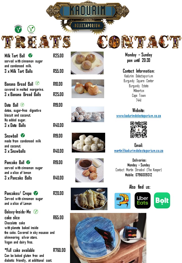 Menu dessert pudding treats milk tart banana bread date ball snowball pancake crepe cake coffee coffeeshop